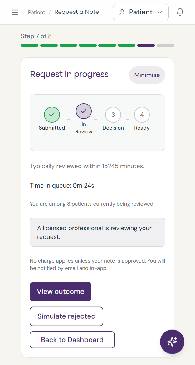 NoteSeek app interface showing a note request in progress